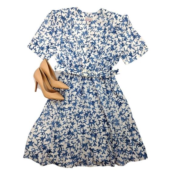VTG 80s White Blue Floral Belted Midi Dress Size 20P *fits like XL Petite - Picture 9 of 16